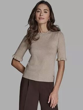 BCBG Neutral Gold Ruffle-Trim Short Sleeve Knit Top